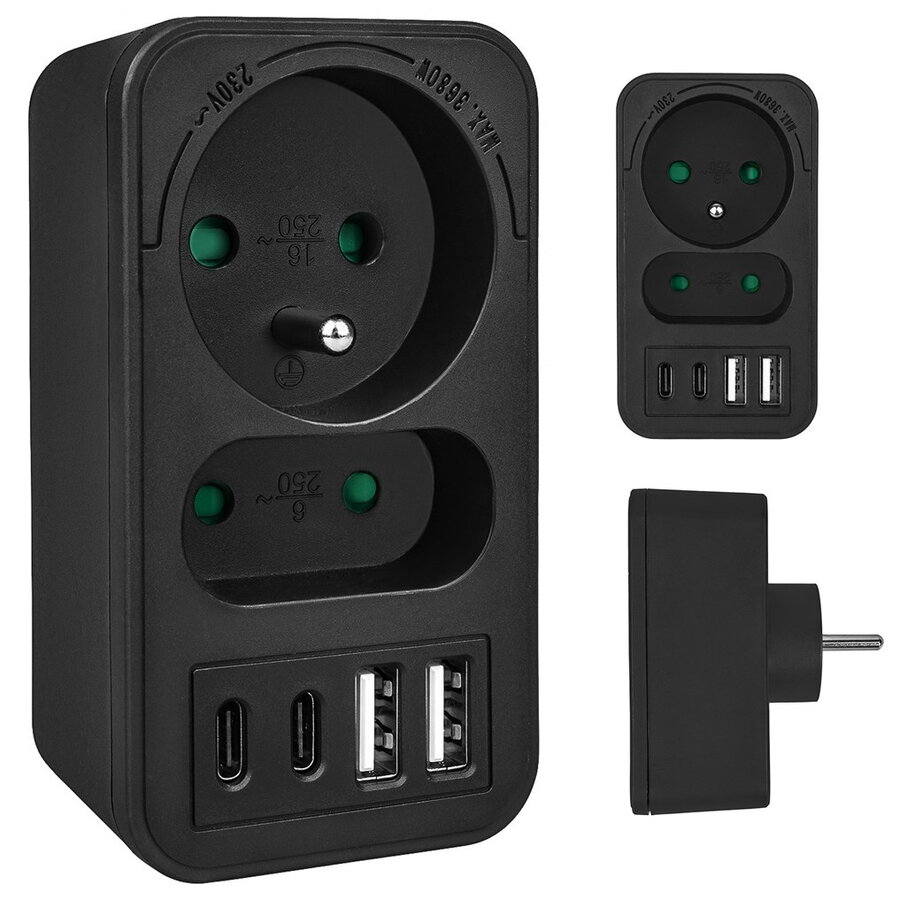 Priza de Curent Splitter Maclean MCE249 F/B cu 2 Prize 2x USB-A 2x USB-C PD 20W 1x16A + 1x6A Negru