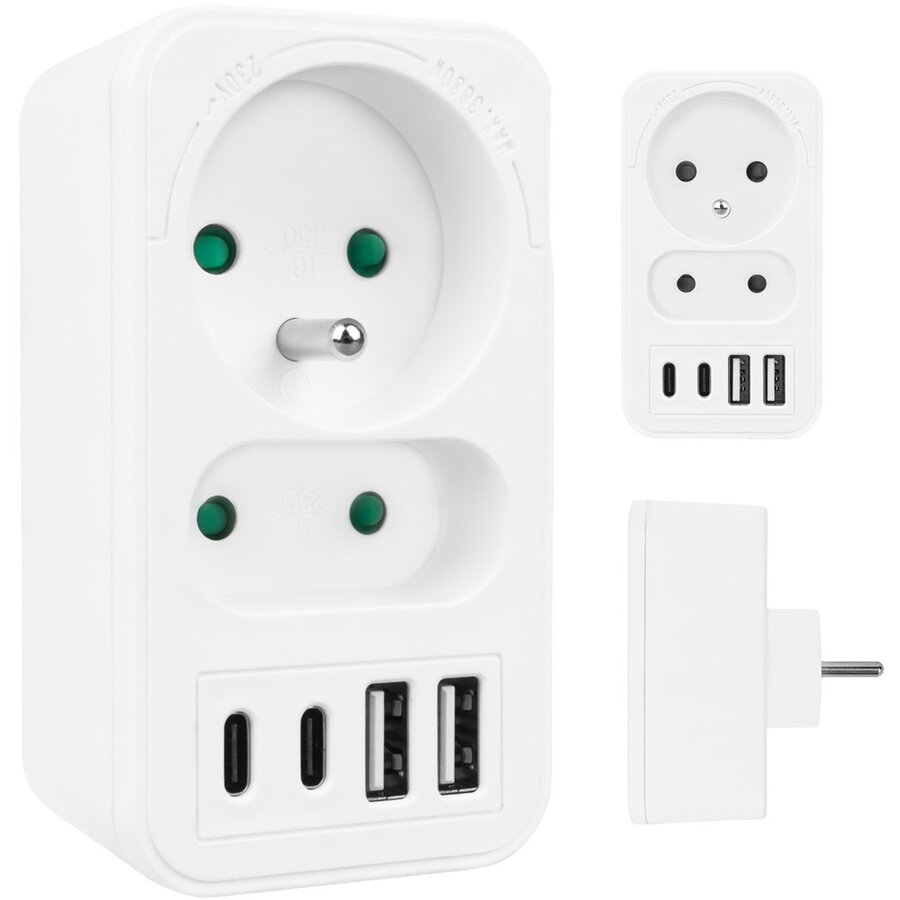 Priza de Curent Splitter Maclean MCE249 F/W cu 2 Prize 2x USB-A 2xUSB-C PD 20W 1x16A + 1x6A Alb