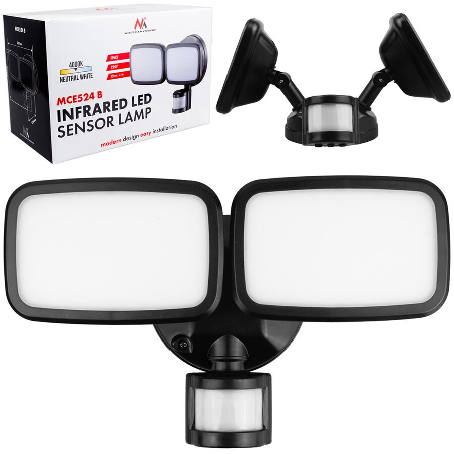Lampa LED Maclean MCE524 B de Perete Senzor PIR 20W 1500lm IP65 Alb Neutru 4000K Negru