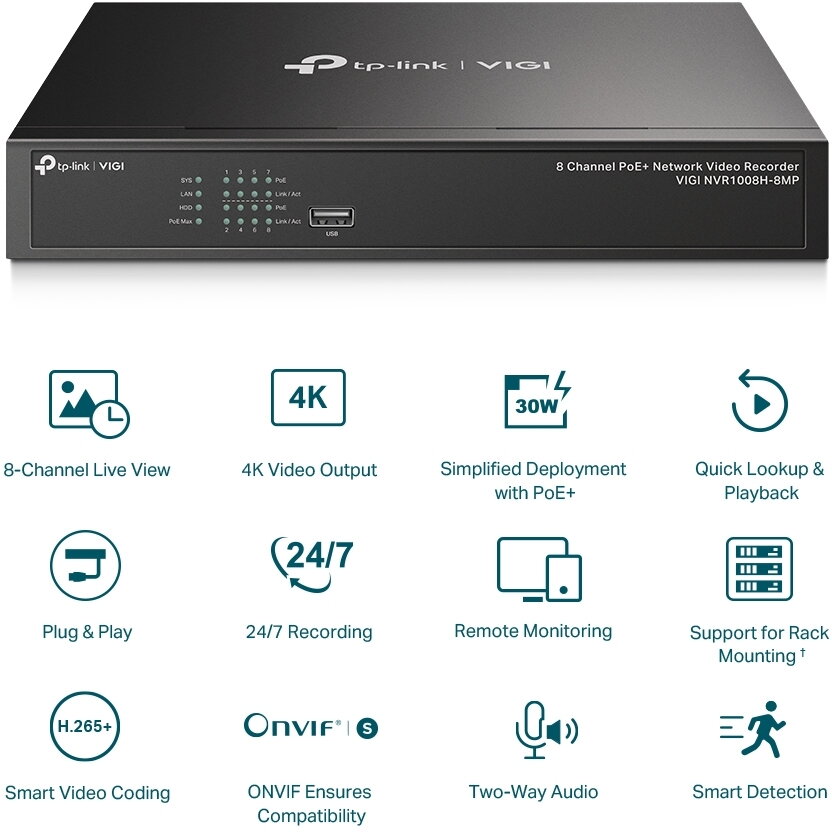 NVR TP-Link VIGI NVR1008H-8MP 8 Canale PoE+ Negru — imaginea 4
