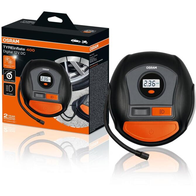 Compresor Auto Osram TYREinflate 400 Afișaj Digital Iluminat 5.5 Bar Cablu 3M Retractabil Negru/Portocaliu