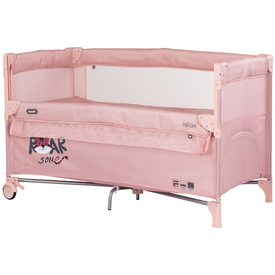 Patut Pliabil Relax Tiger cu Laterala Culisanta Varsta 0 Luni+ Maxim 15KG Roz Pudra