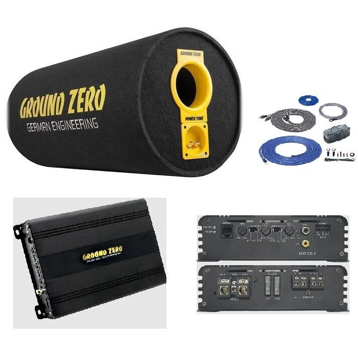 Pachet Subwoofer Auto GROUND ZERO GZ 1300PT + GZIA 200.2 + RIK8 1300W Tub Bass-Reflex 30CM Amplificator 2 Canale Kit Cabluri Negru