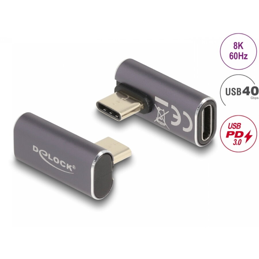 Adaptor Delock USB 4 Type C 8K60Hz/4K144Hz 100W 40Gb T-M Unghi Stânga/Dreapta Gri