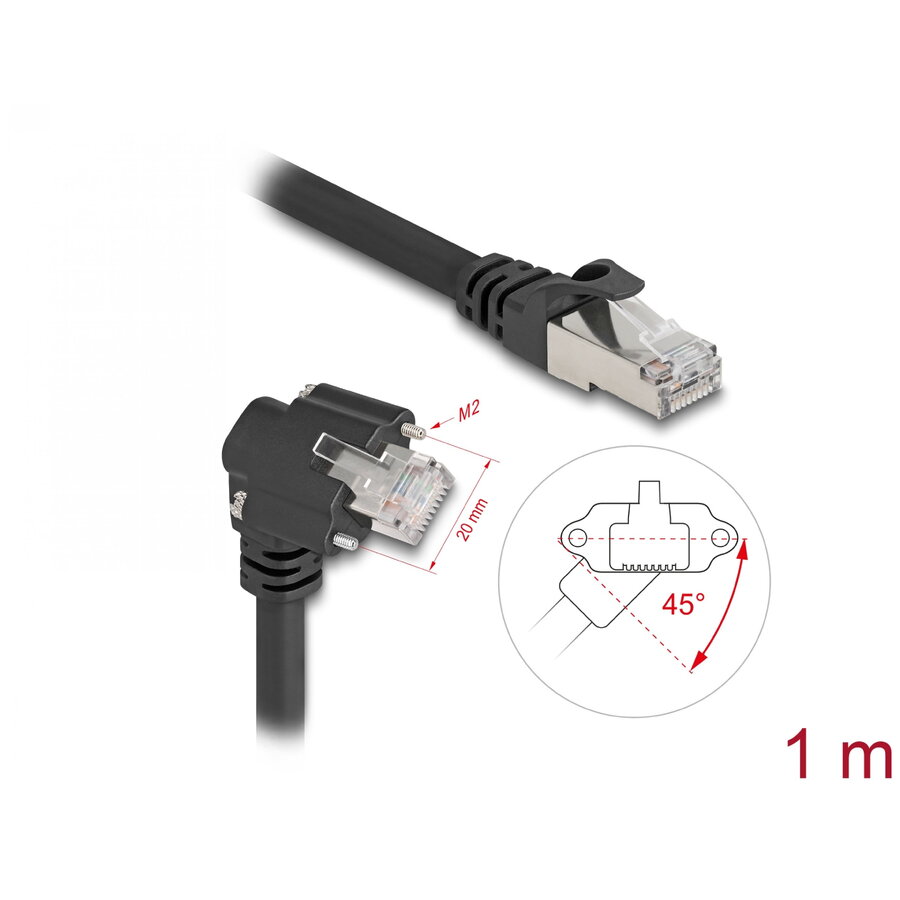 Cablu De Rețea Delock RJ45 Cat.6 SFTP Drept/Unghi Cu Șuruburi 1m Negru