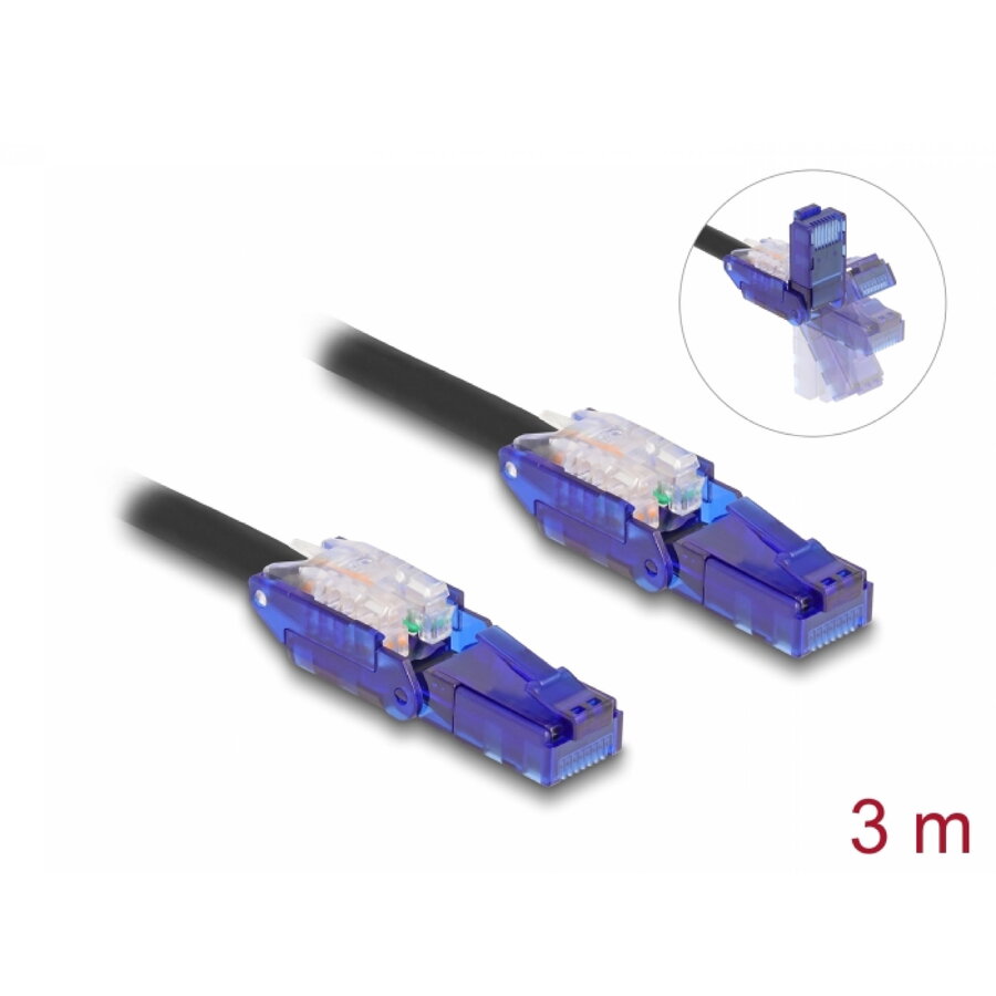 Cablu De Rețea Delock RJ45 Cat.6 UTP Conectori In Unghi 180 Grade 3m Negru