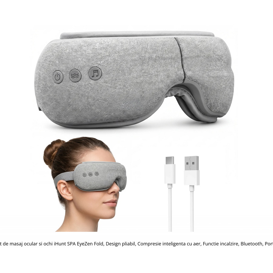 Aparat de Masaj Ocular Tample si Ochi  SPA EyeZen Fold Design Pliabil Compresie Inteligenta cu Aer Functie Incalzire Bluetooth Portabil Gri