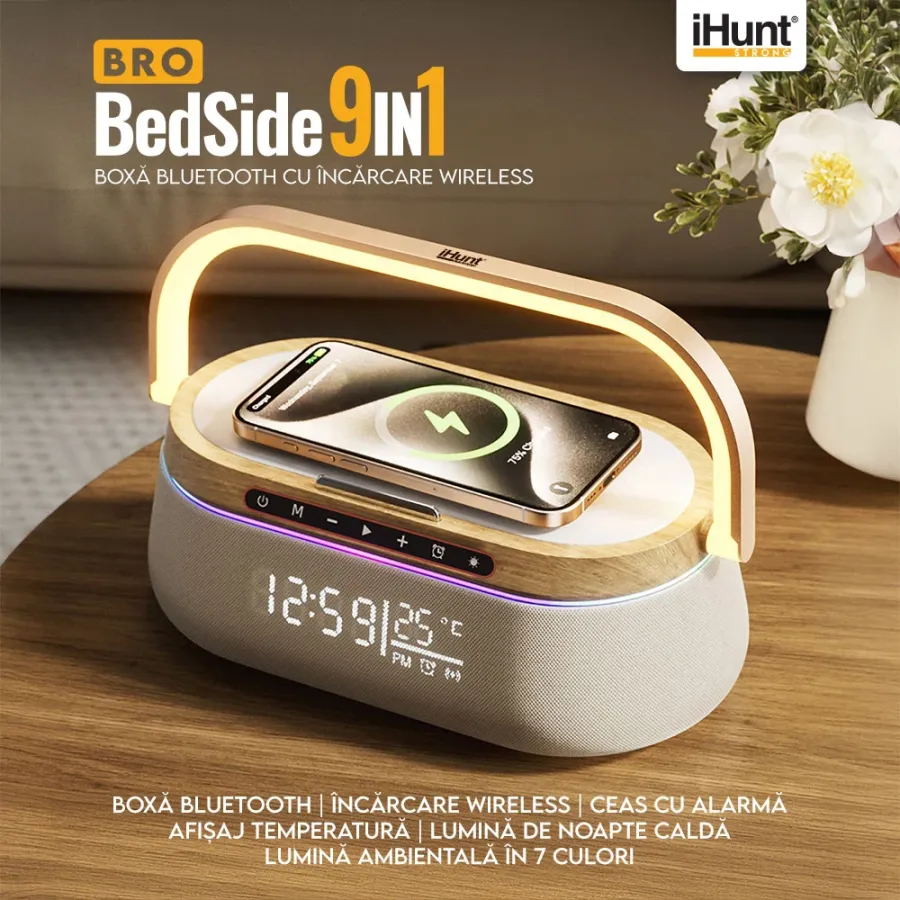 Boxa iHunt Premium Multifuncțională BedSide 9-in-1 15W Bluetooth Maro/Aspect De Lemn — imaginea 3