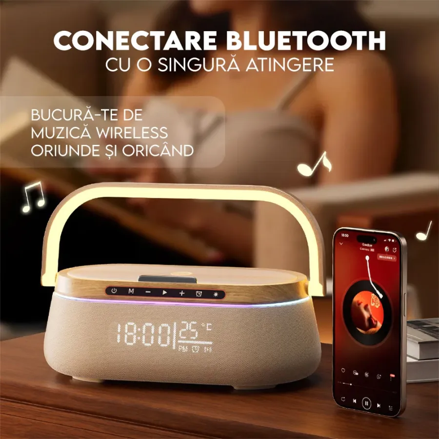 Boxa iHunt Premium Multifuncțională BedSide 9-in-1 15W Bluetooth Maro/Aspect De Lemn — imaginea 4