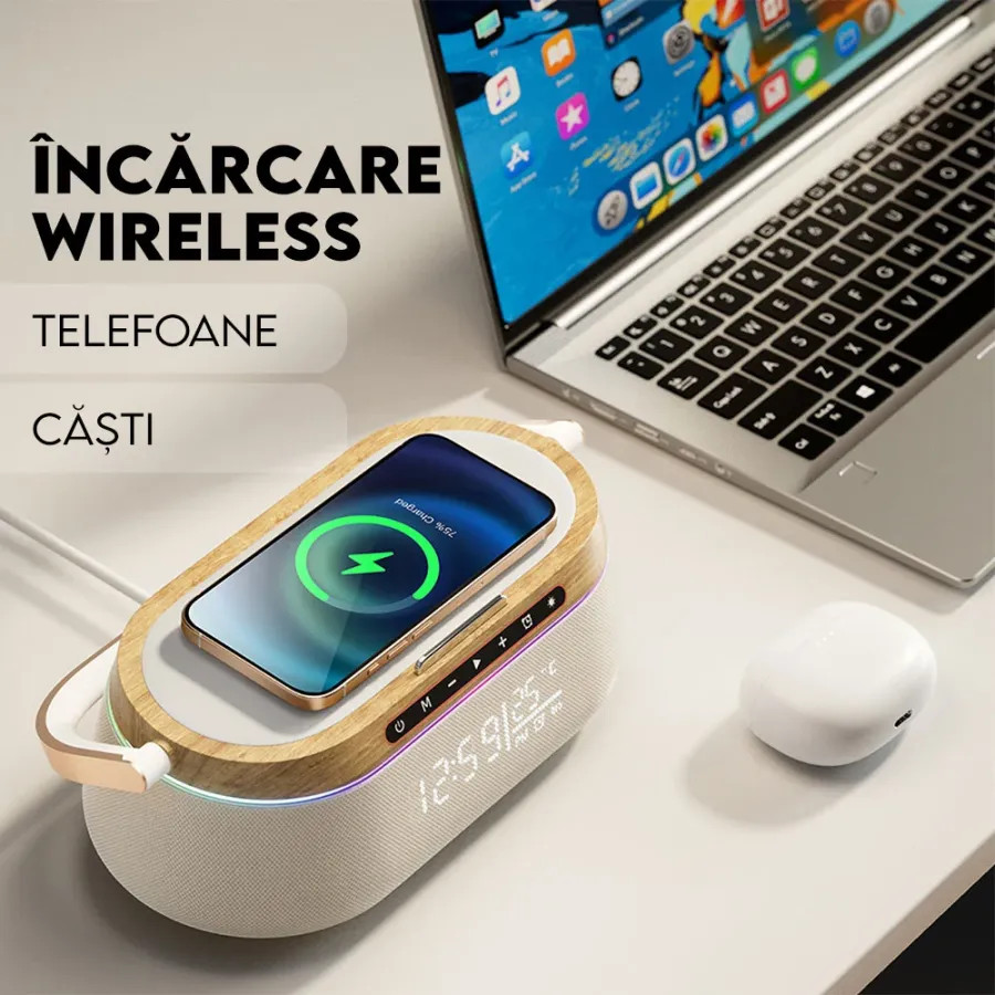 Boxa iHunt Premium Multifuncțională BedSide 9-in-1 15W Bluetooth Maro/Aspect De Lemn — imaginea 5