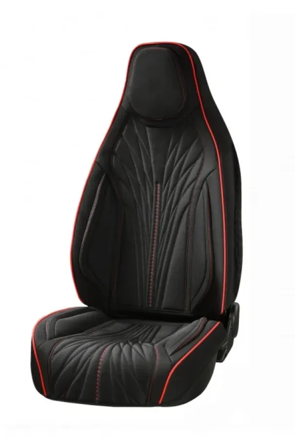 Set Huse Scaune Auto Universale CED AUTO TRADE Material Textil Cu Tetieră Integrată Fata-Spate Negru Cu Dungă Roșie