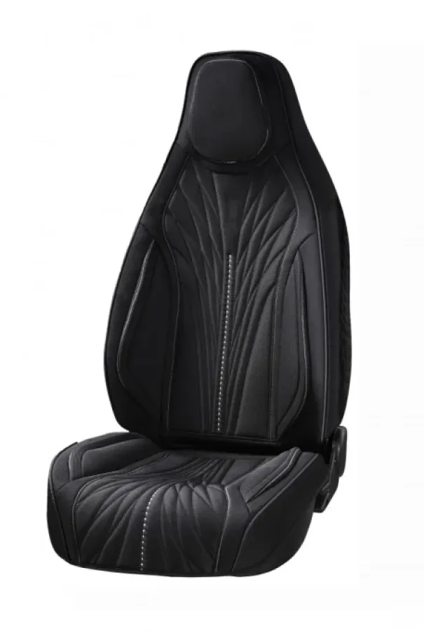 Set Huse Scaune Auto Universale CED AUTO TRADE Material Textil Cu Tetieră Integrată Fata-Spate Negru Cu Dungă Albă