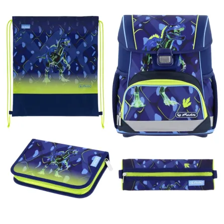 Ghiozdan Scoala Herlitz Loop Plus T-Rex Explorer Penar 2 Clape + Penar Oval Etui+ Sac Sport Albastru/Verde