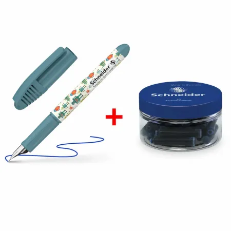 Set Stilou Schneider Zippi Verde + Rezerve Cerneala Albastra 30 Bucati / Borcan