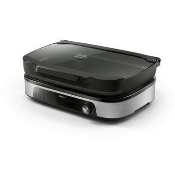 Gratar Electric de Masa Philips Seria 5000 HD6212/90 2400W Temperatura Reglabila Dispozitiv de Afumare Plita Versatila Capac de Sticla Negru