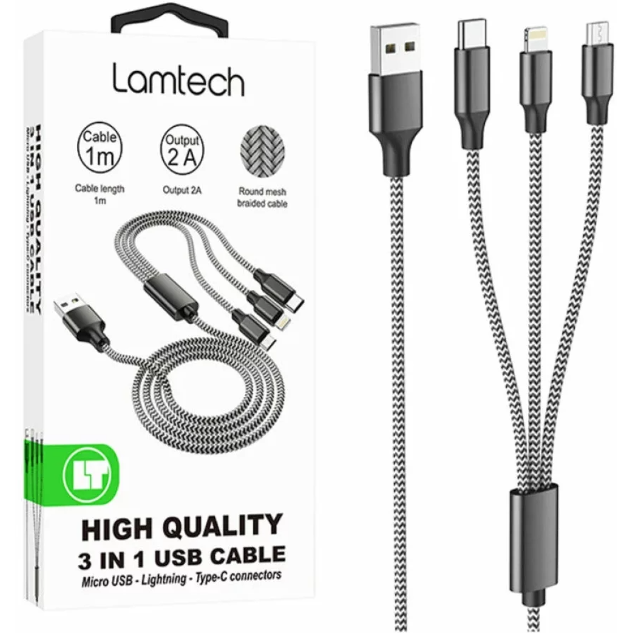 Cablu Date și Încărcare Lamtech 3in1 USB la Type-C/ Lightning/ Micro USB Înveliș Metalic 2A 1m Negru