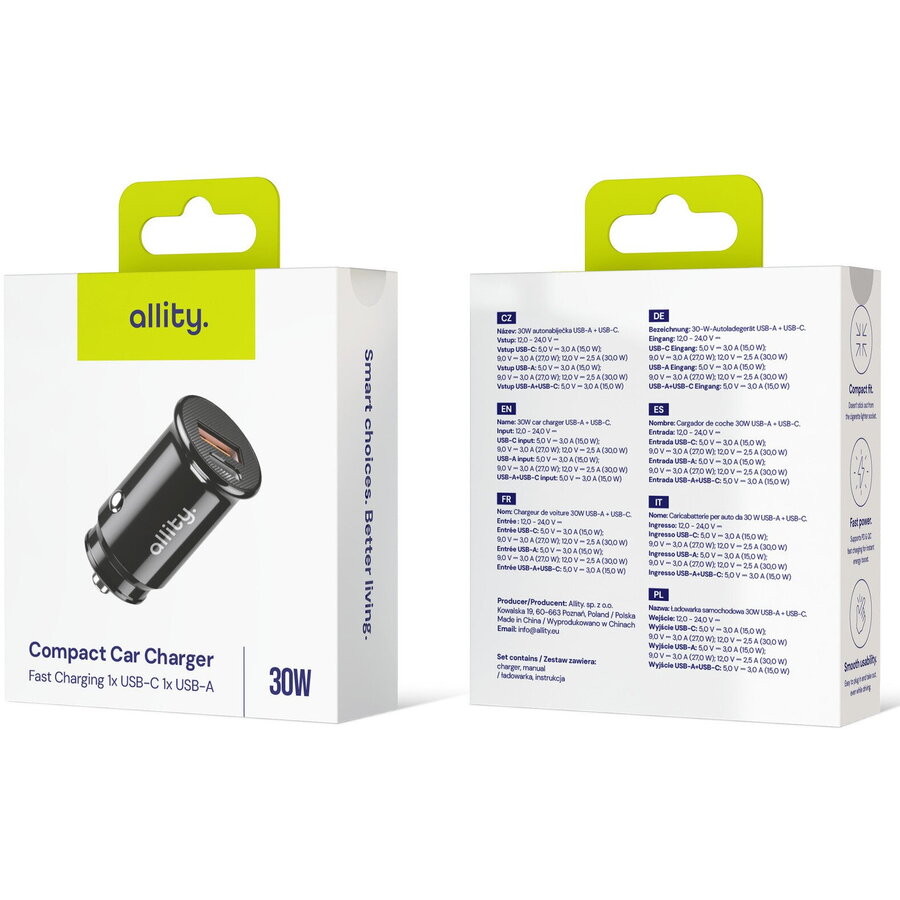 Incarcator Auto Allity ACC-100-30WAC 1x USB-C 1x USB-A 30W Negru — imaginea 3