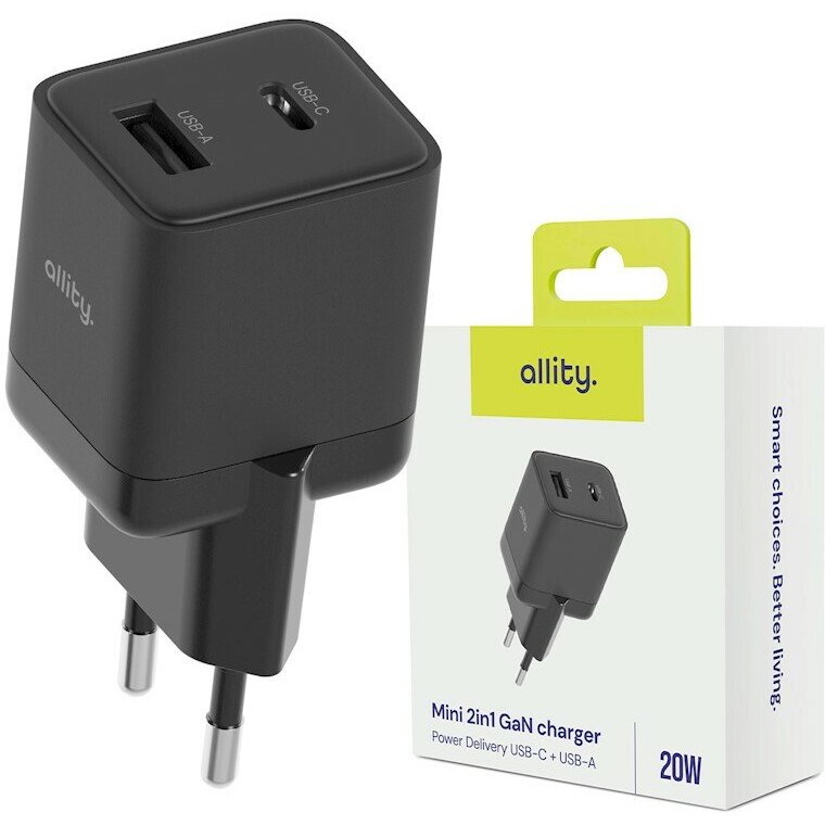 Incarcator Rețea Allity ATC-01-20WAC GaN PD QC 1x USB-C 1x USB-A 20W Negru