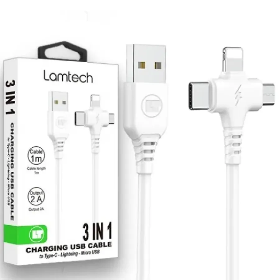 Cablu Date Și Încărcare Lamtech 3in1 USB La Type-C/Lightning/Micro USB 2A 1M Alb