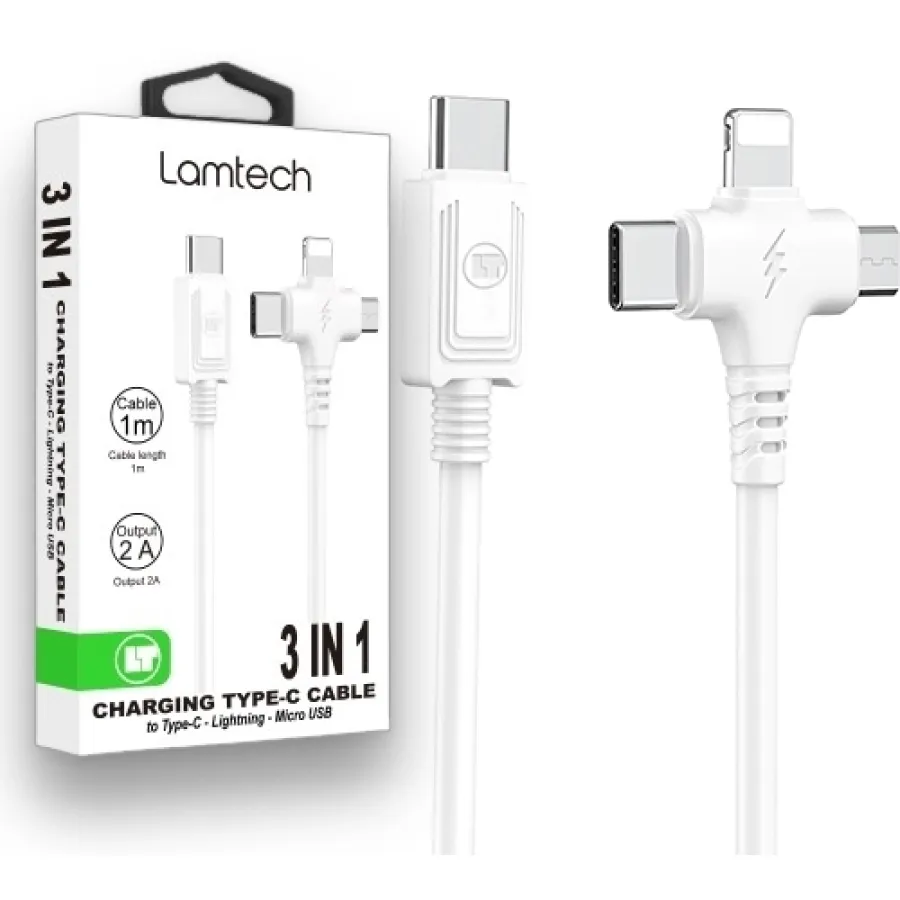 Cablu Date Și Încărcare Lamtech 3In1 USB La Type-C/Lightning/Micro USB 2A 1M Alb