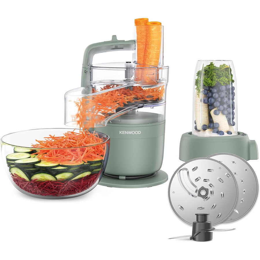 Robot de Bucătărie Kenwood MultiPro Go Blend FDP23.380GR Vas 1.3L Blender 600ML 1 Viteza + Pulse Funcție 360° Express ServeTM pentru Feliere/Razuire 900W Verde