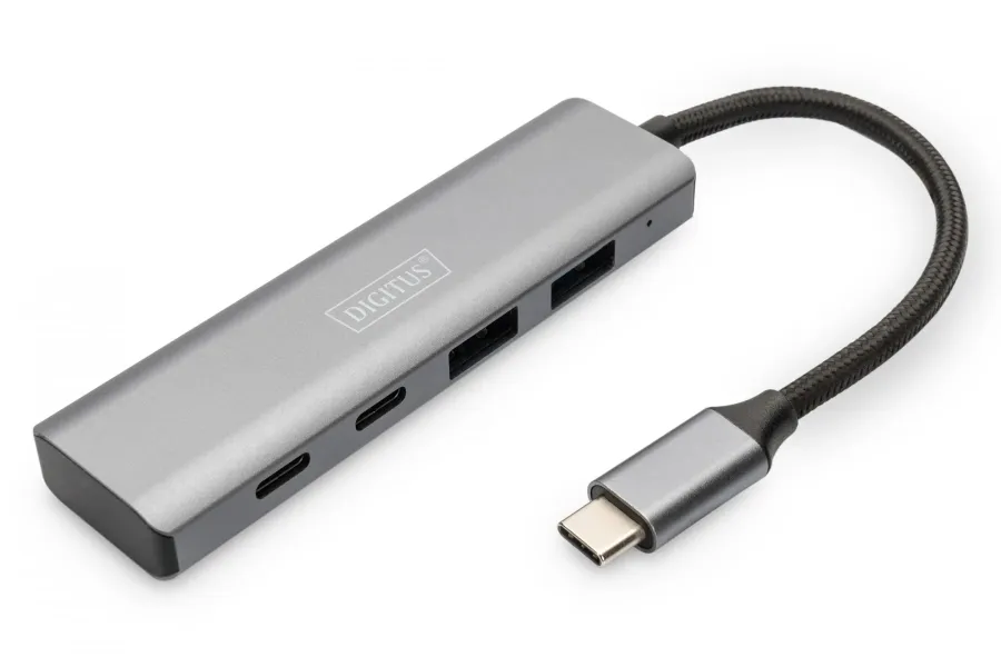 Hub Extern Digitus DA-70245 2x USB A + 2x USB-C Interfață USB-C 3.2 Gen 1 Cablu 15CM Argintiu