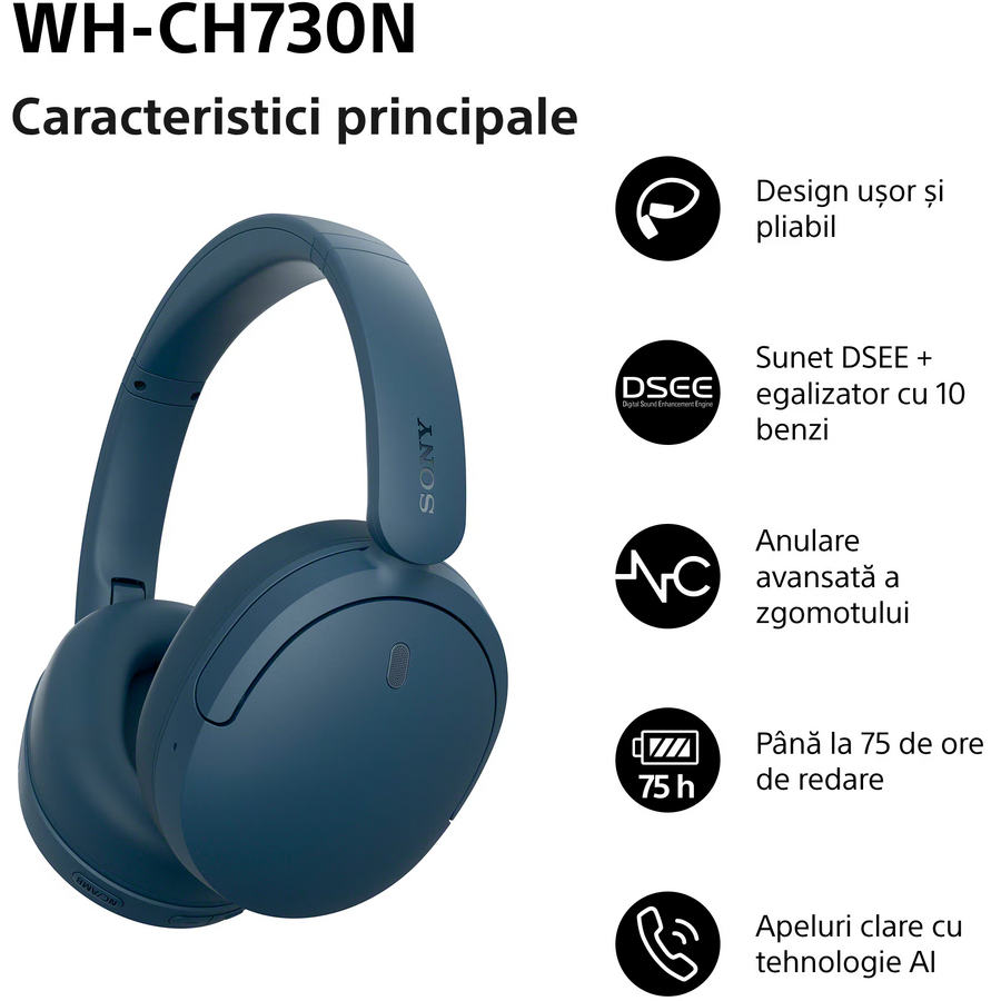 Căști Sony WH-CH730NL Wireless Bluetooth Noise Cancelling Multipoint connection Microfon Egalizator pe 10 benzi Quick Charge Autonomie 75 ore Albastru — imaginea 3