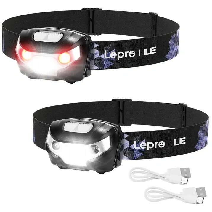 Set 2 Lanterne Frontale LEPRO 3200008 LED 3W Maxim 300 Lumeni Baterie Reîncărcabilă 1200mAh USB-C IPX4 Negru