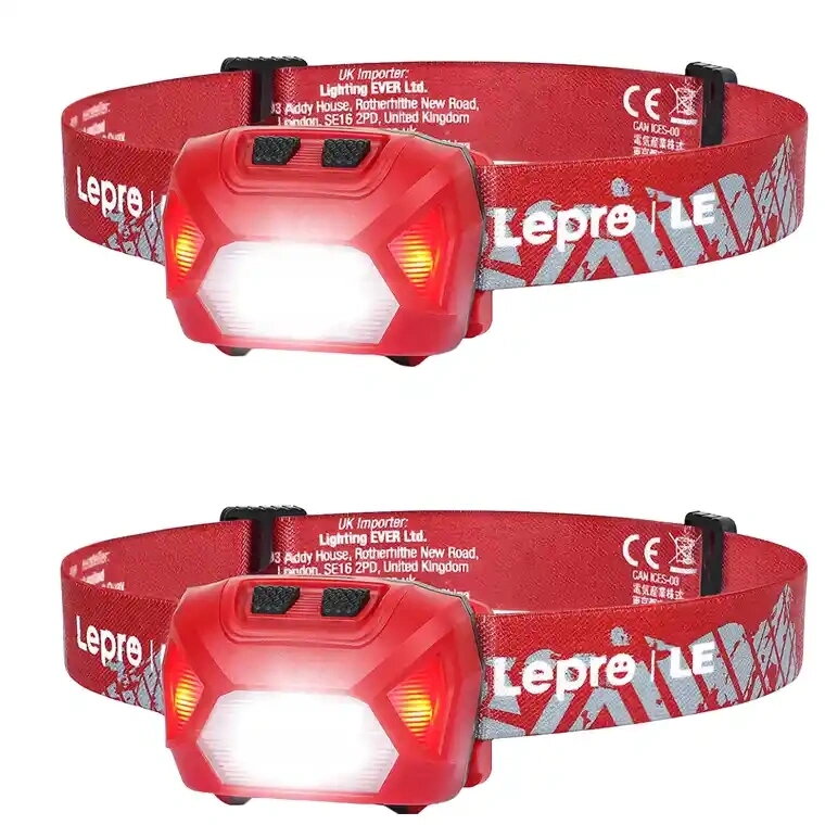 Set 2 Lanterne Frontale LEPRO 320014-R-2 LED 5W Maxim 300 Lumeni Acumulator 1200mAh Încărcare USB-C IPX4 Roșu
