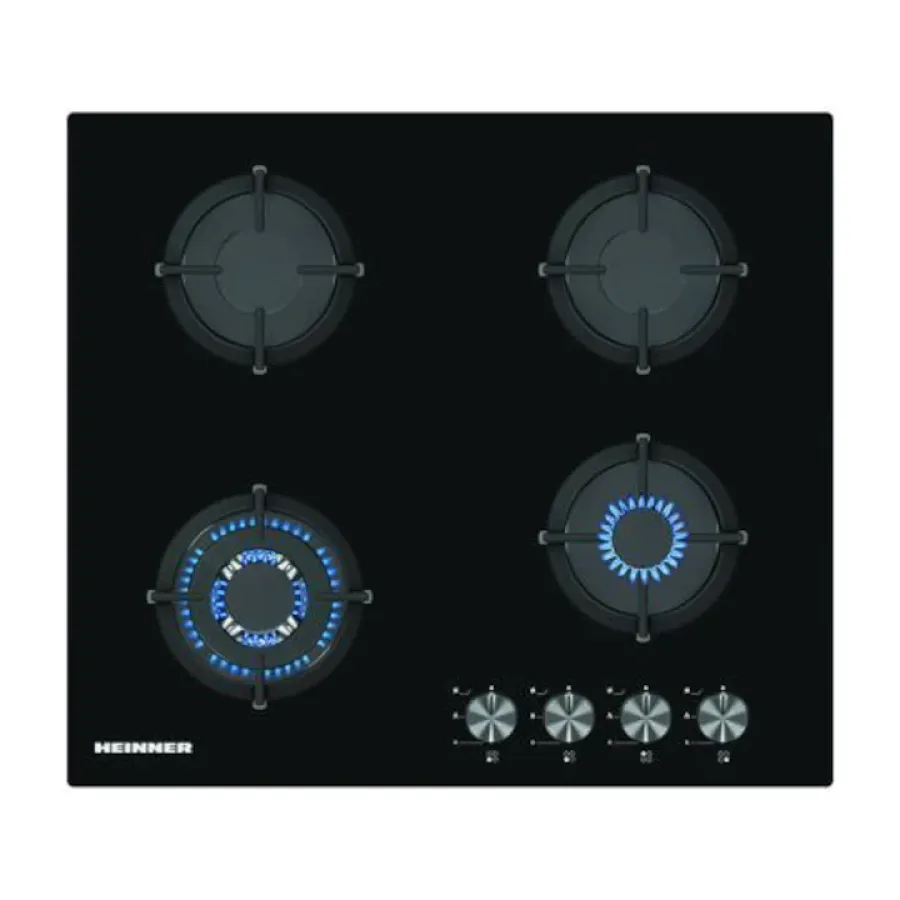 Plita Incorporabila Heinner HBH-S584WI-GBK Gaz 4 Arzatoare Aprindere Electrica Grătar Fonta WOK 31cm Sticlă Neagră