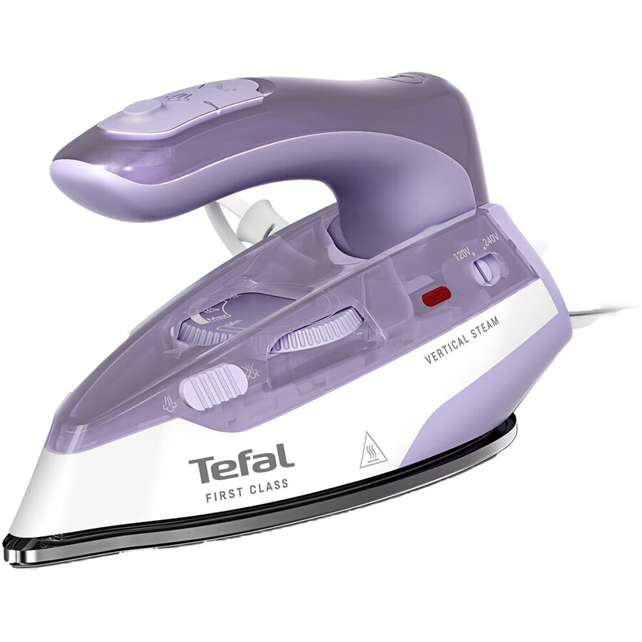 Fier de călcat cu aburi pentru voiaj Tefal First Class DB1612E0, 1000W, jet de abur 45 g/min, abur variabil 0-10 g/min, talpa Microsteam 200, funcție abur vertical, mâner pliabil, husa inclusă, alb & violet — imaginea 2