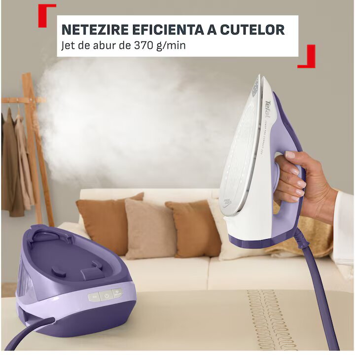 Statie De Călcat Tefal Power Pro Compact SV6211E0 2400W 370G/Min 1.7L Ceramic Xpress Glide Mod Eco Abur Vertical Anticalcar Alb/Violet — imaginea 5