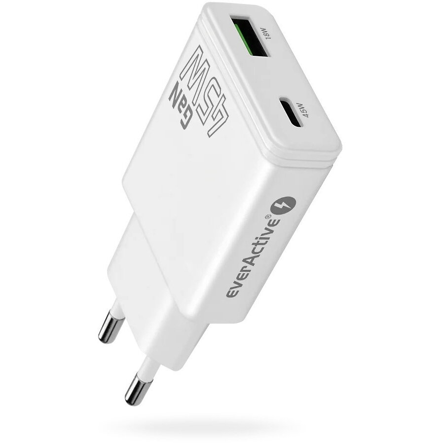 Incarcator EverActive GaN 1x USB-C 1x USB Quick Charge 3.0 45W PD Alb