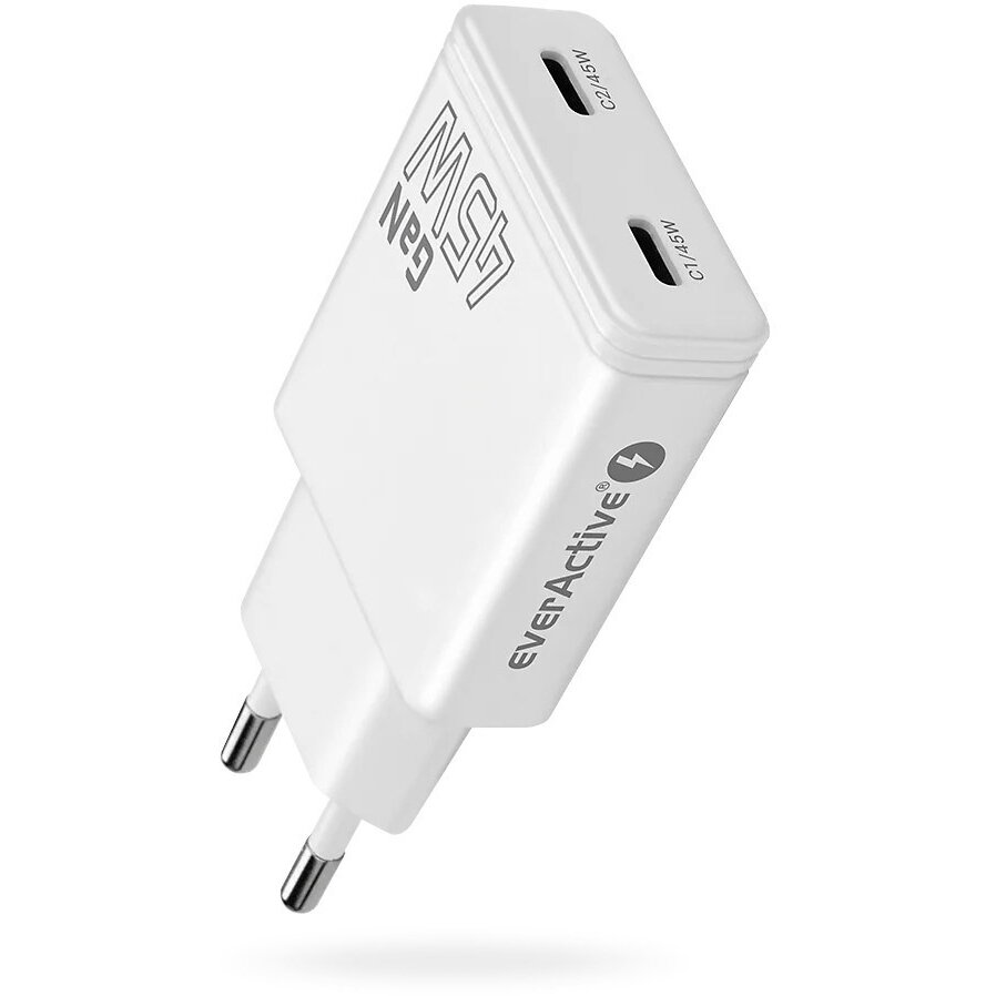 Incarcator EverActive GaN 2x USB-C Quick Charge 3.0 45W PD Alb