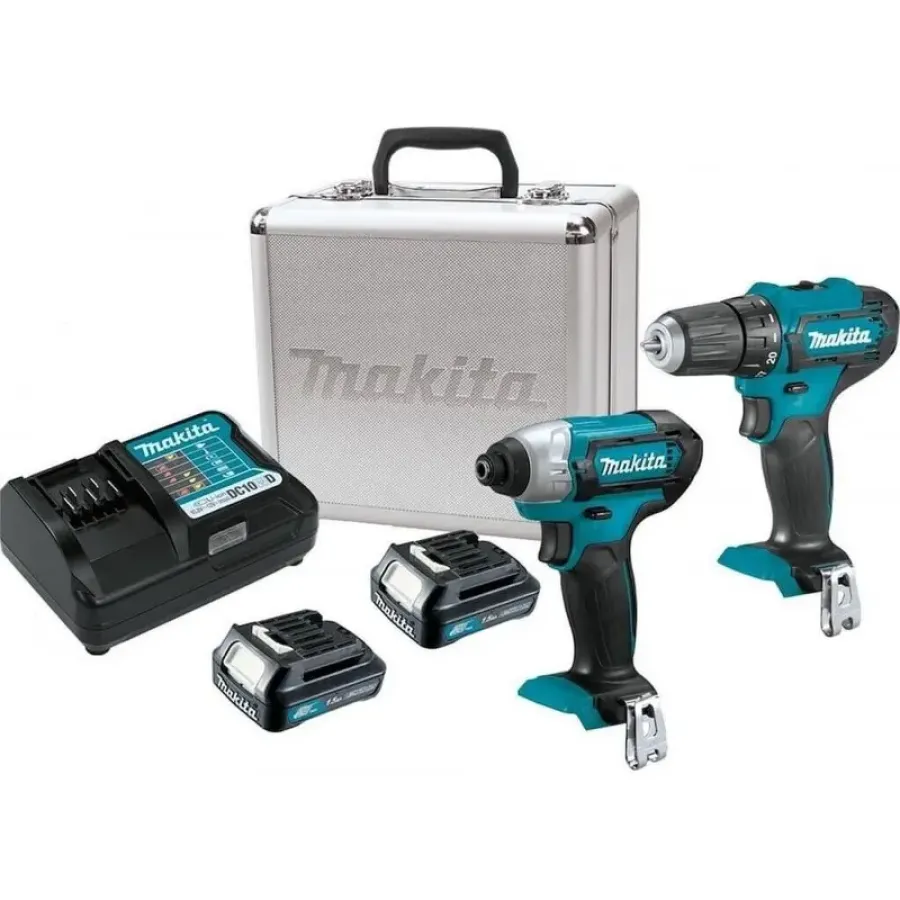 Set Makita CLX224X Mașina de Gaurit și Insurubat DF333DZ 30Nm + Mașina de Insurubat cu Impact TD110DZ 110Nm + 2 Acumulatori Li-Ion 1.5Ah/12V + Incarcator in Valiză Aluminiu