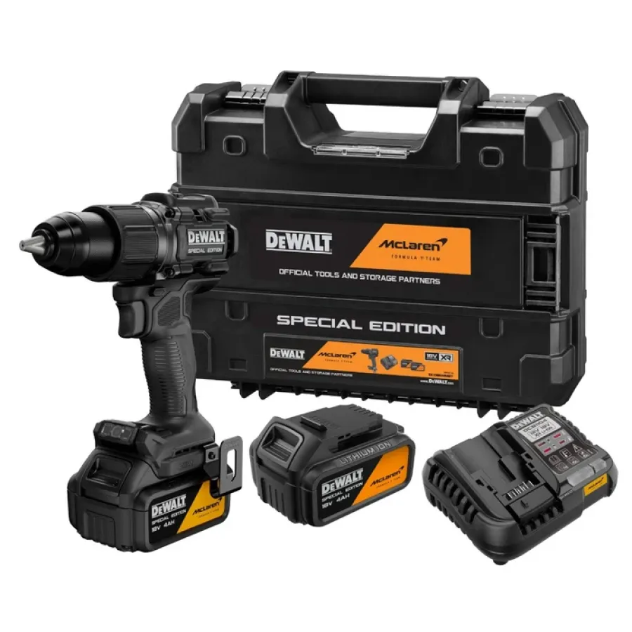 Mașina de Gaurit și Insurubat cu Percutie DeWALT DCD86MM2KT Ediție Speciala McLaren 18V XR 2000RPM + 2 Acumulatori Li-Ion 4Ah + Incarcator + Cutie TSTAK Negru
