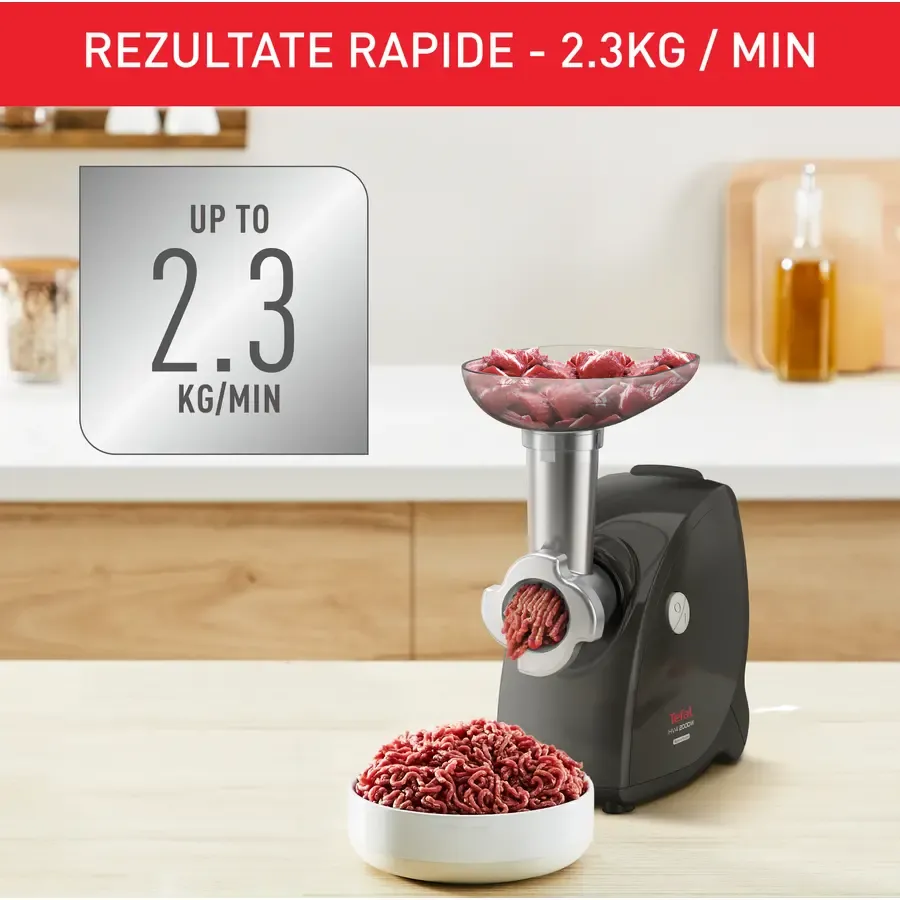 Mașina de Tocat Tefal HV4 NE477838 Capacitate 2.3Kg/Min 3 Site Inox 3 Conuri pentru Razuit Accesoriu Cârnați / Suc de Roșii / Kebbe 2000W Negru — imaginea 5