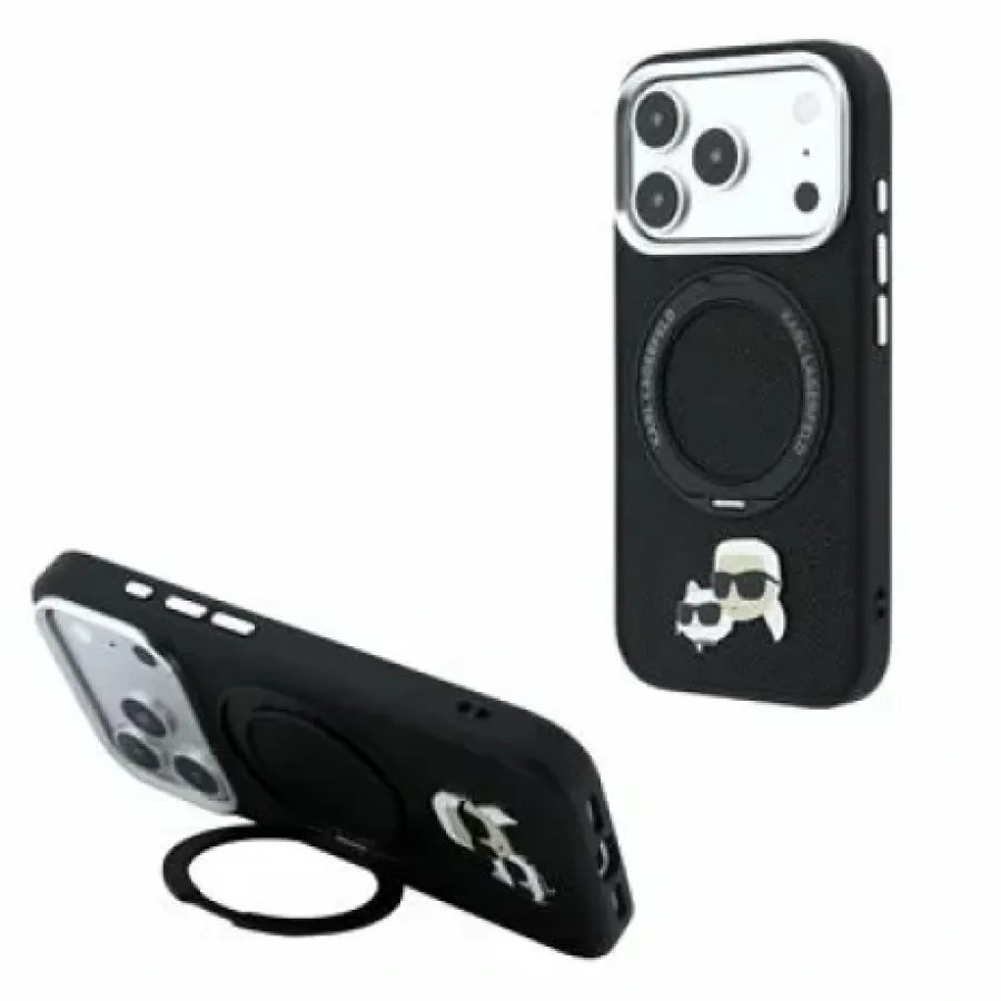 Husa Karl Lagerfeld PU Grained K&CH Heads Ring Stand Magsafe iPhone 18 Pro Max Negru