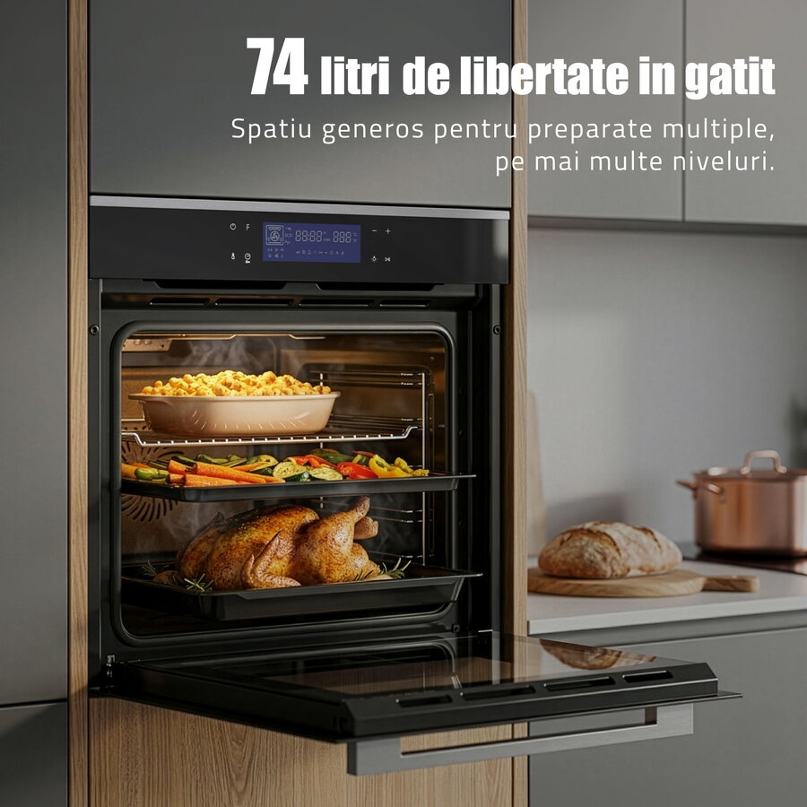 Pachet Samus ONL60 Cuptor Incorporabil SC632GDT13 74L 13 Funcții + Plita Incorporabila pe Gaz PSG-64SG2 4 Arzatoare Negru/Inox — imaginea 4