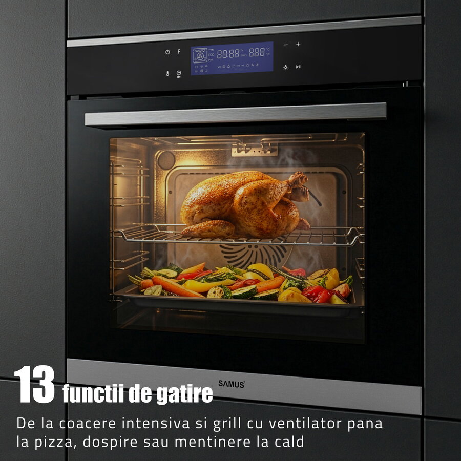 Pachet Samus ONL60 Cuptor Incorporabil SC632GDT13 74L 13 Funcții + Plita Incorporabila pe Gaz PSG-64SG2 4 Arzatoare Negru/Inox — imaginea 5