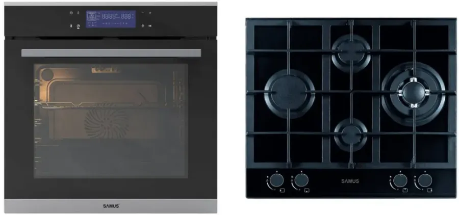 Pachet Samus ONL60 Cuptor Incorporabil SC632GDT13 74L 13 Funcții + Plita Incorporabila pe Gaz PSG-64SG2 4 Arzatoare Negru/Inox