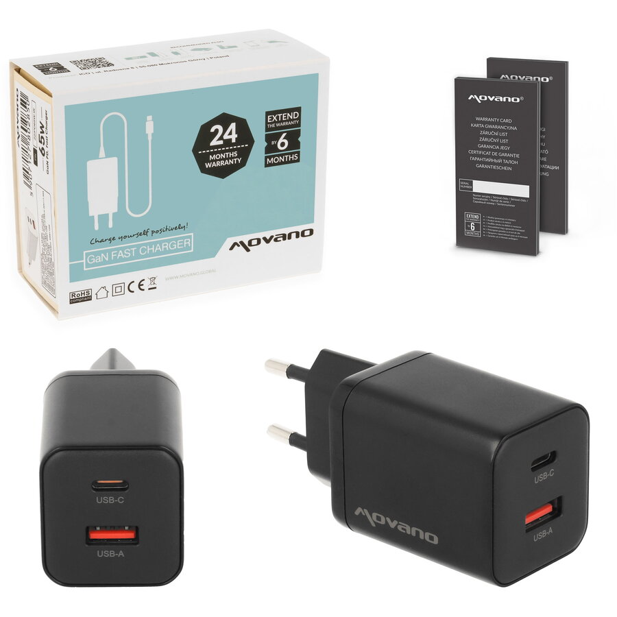 Incarcator Movano GaN 45W USB-C PD + USB-A Black