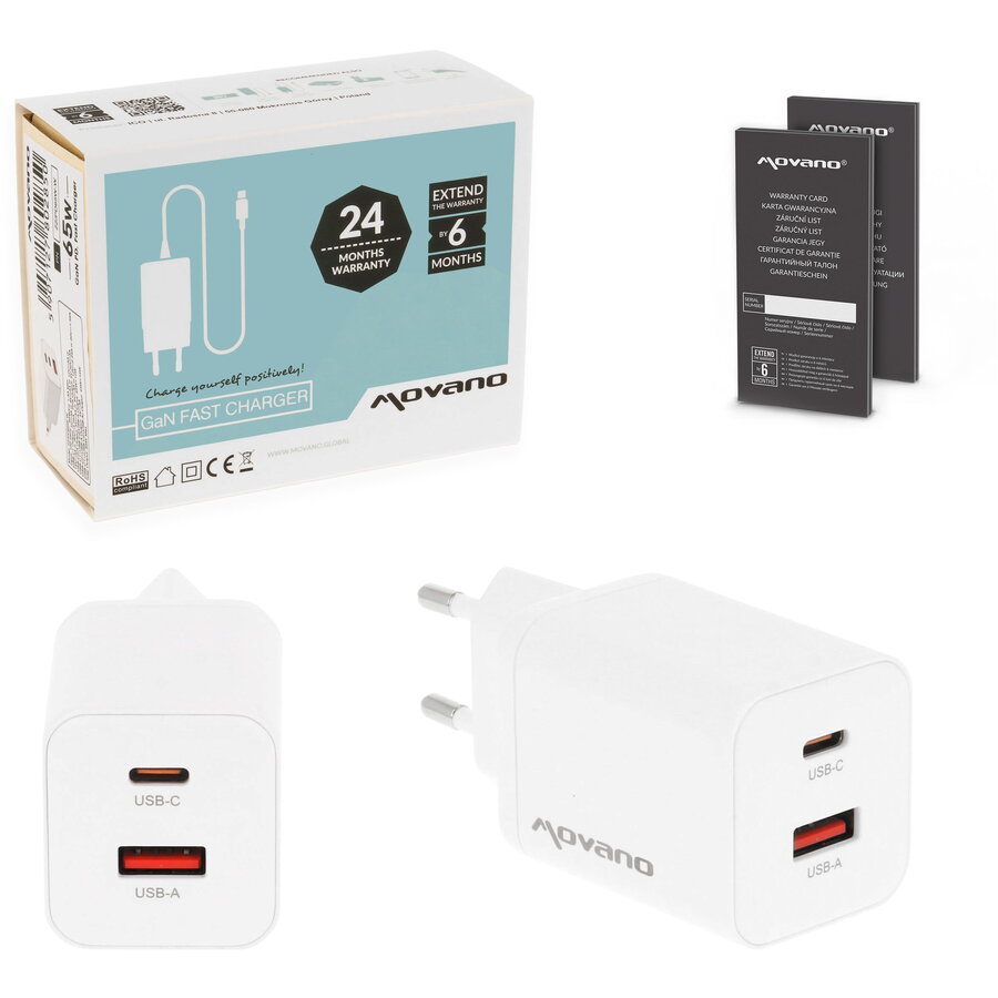 Incarcator Movano GaN 45W USB-C PD + USB-A White
