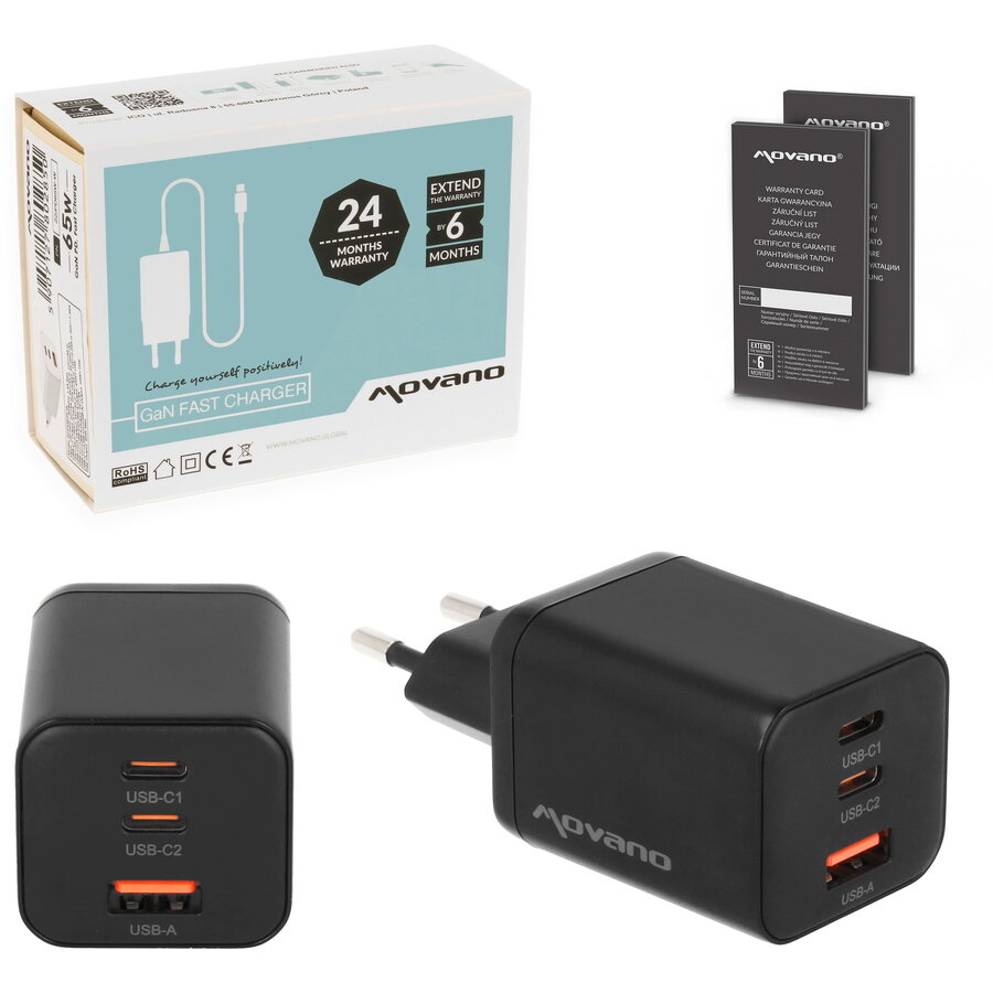 Incarcator Movano GaN 65W USB-C PD + USB-A Black