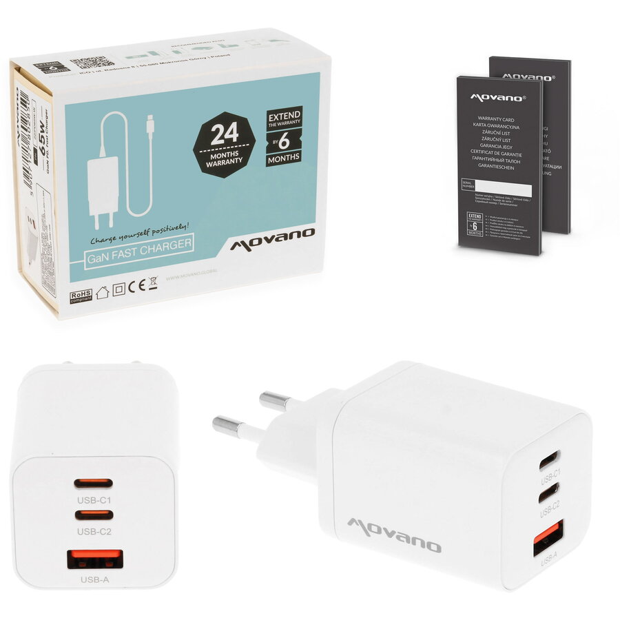 Incarcator Movano GaN 65W USB-C PD + USB-A White