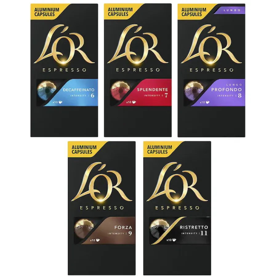 Capsule L'or Espresso Set Mixt 5 x Bucăți Toate Aromele 50 Băuturi Compatibile cu Sistemul Nespresso