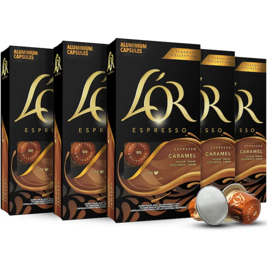 Capsule Cafea L'or Espresso Caramel Set x 50 Bucăți de Aluminiu Compatibile Nespresso Original 260g