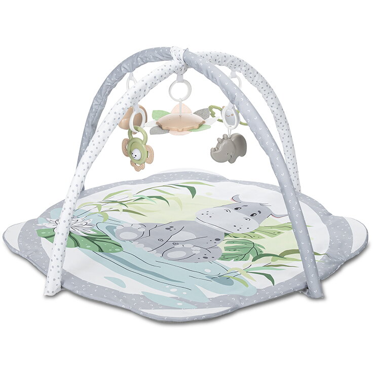 Saltea de activități pentru bebeluși Safary Friends Hippo Grey, 2 arcade, 4 jucării și oglindă, 93x93 cm, 0 luni+ — imaginea 2
