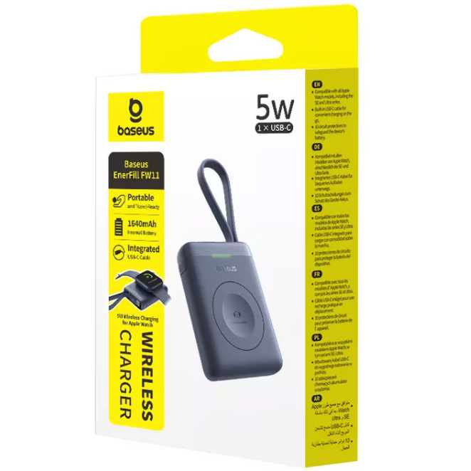 Acumulator Extern Baseus EnerFill FW11 1640mAh Încărcare Wireless pentru Apple Watch Maxim 5W Cablu Integrat USB-C Negru — imaginea 4