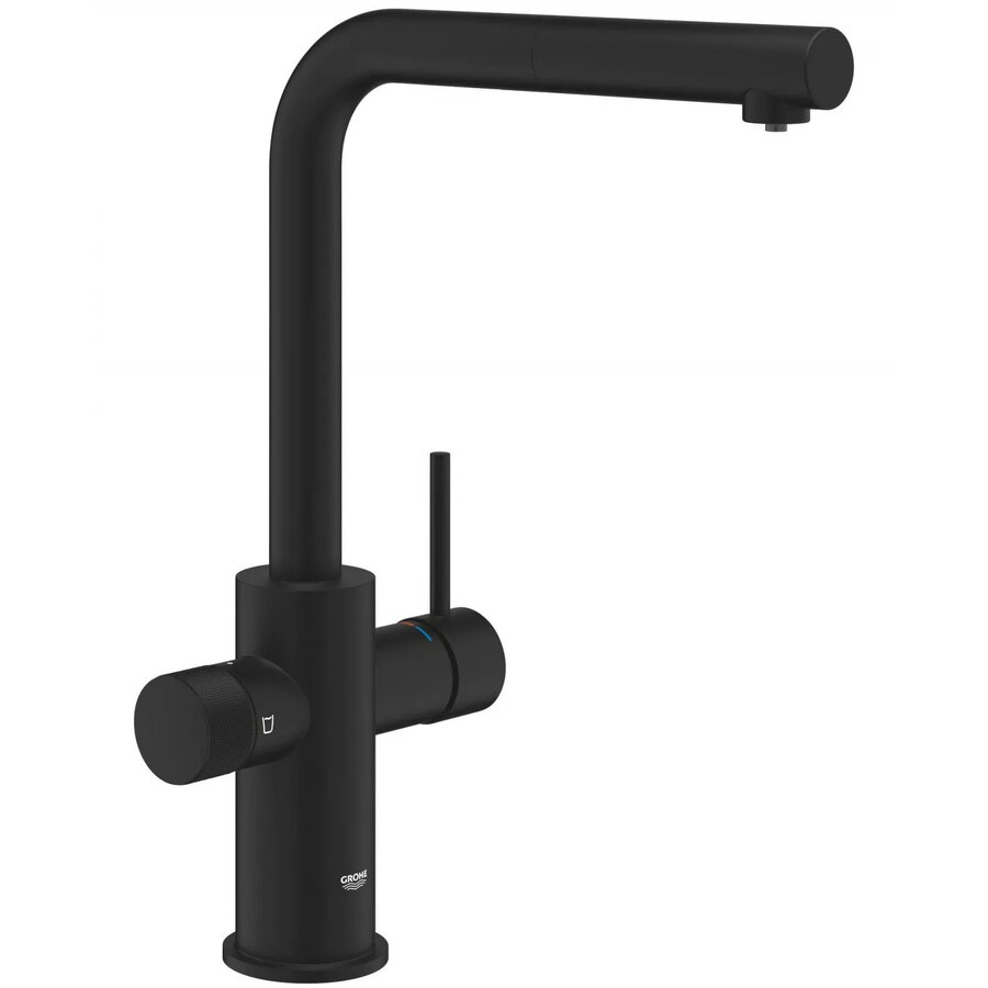 Baterie Bucătărie Grohe Blue Pure Minta Monocomandă 3 Cai Dus Extractabil Înaltă Tip L Filtrare Apa Cartuș Ceramic Negru